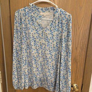 LOFT Ruffled Mandarin Collar Floral Blouse Blue/White Spring -M